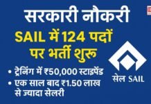 सरकारी नौकरी: SAIL में 124 पदों पर भर्ती शुरू; ट्रेनिंग में ₹50,000 स्टाइपेंड, एक साल बाद ₹1.50 लाख से ज्यादा सैलरी