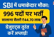 SBI में धमाकेदार मौका: 996 पदों पर भर्ती, सालाना सैलरी ₹44.70 लाख तक—ग्रेजुएट्स तुरंत करें अप्लाई!