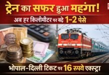 ट्रेन का सफर हुआ महंगा! अब हर किलोमीटर पर बढ़े 1–2 पैसे, भोपाल–दिल्ली टिकट पर 16 रुपये एक्स्ट्रा